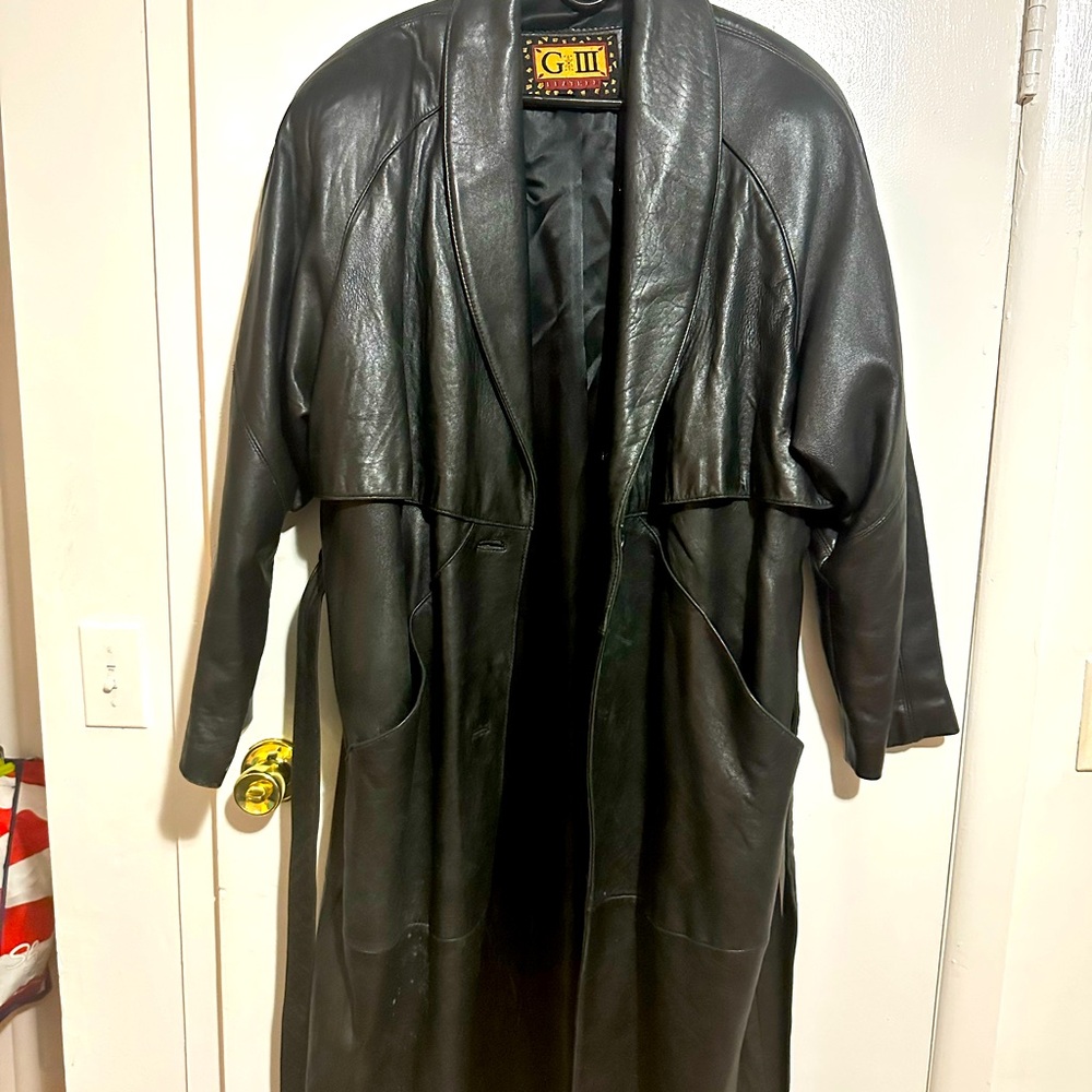 Full length black leather coat with removable fur collar